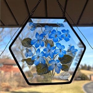 LYFORD BEVELED STAINED GLASS SUNCATCHER Blue FLORAL PATTERN 5.25” D. Hague Art